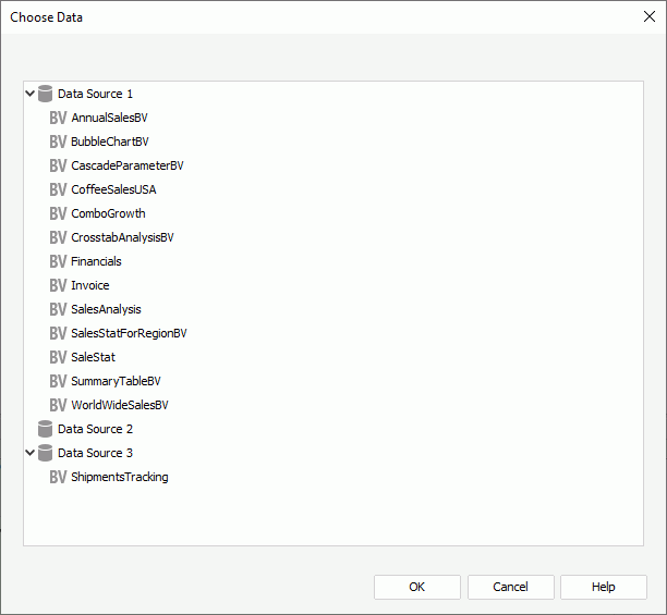 Choose Data dialog box - for choosing business views