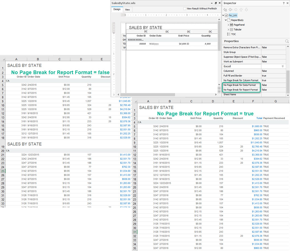 Excel Output With and Without Page Breaks
